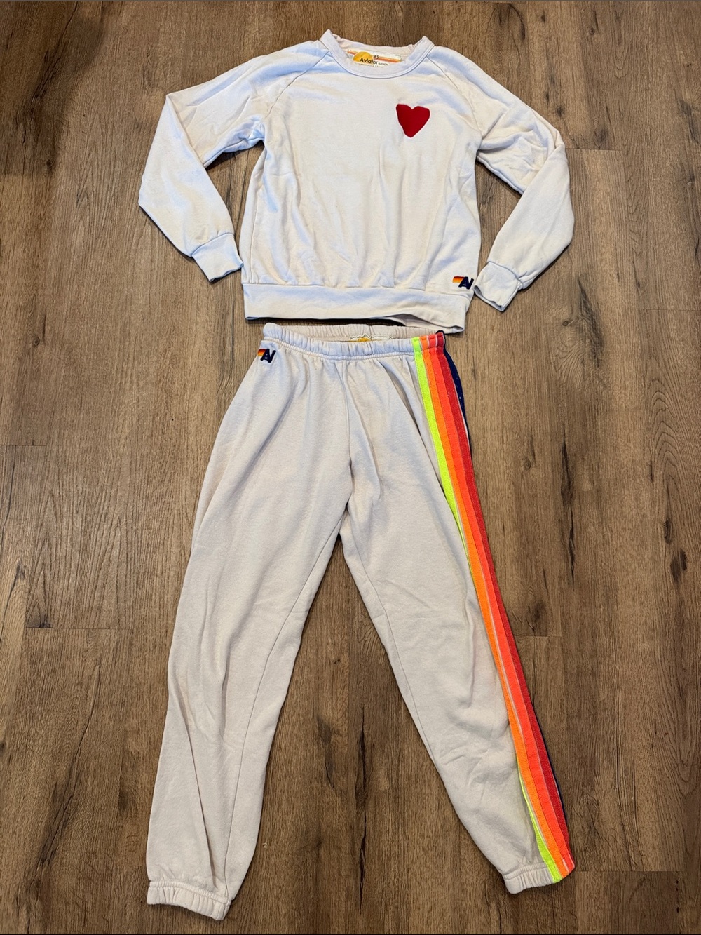 Aviator Nation White Sweatshirt & Rainbow Stripe Joggers